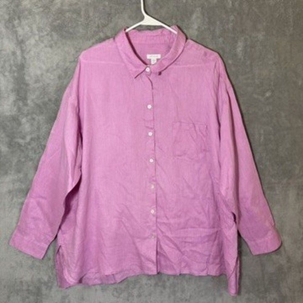 J Jill Women's 3X Plus Pink Love Linen Button Front Long Sleeve Shirt Collared